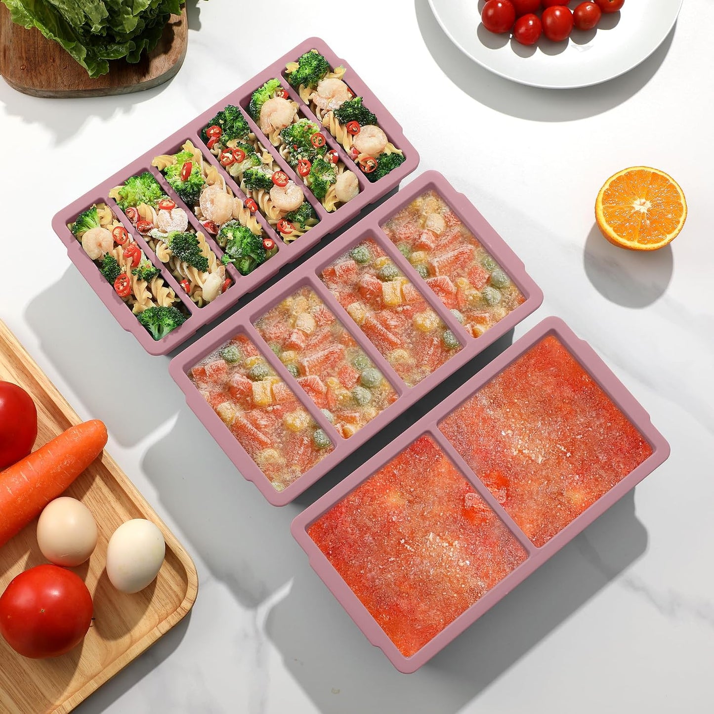 3-Pack Silicone Freezer Trays with Lid,2 Large 2-Cup(500ml)&4 Medium 1-Cup(250ml)&6 Small 1/2-Cup(125ml) Soup Freezer Container Molds,Ice Cube Tray For Meal Prep&Freezing Soup,Stews,Sauces