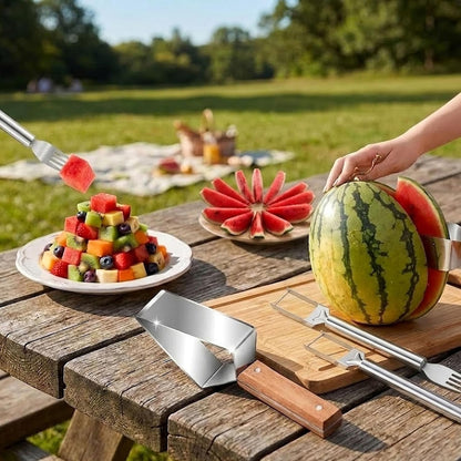 3 Pcs Watermelon Slicer Cutter Tool Set, 2 Dual Head Watermelon Fork Slicer & 1 Wooden Handle Triangle Watermelon Knife for Melon & Cantaloupe, Summer Fruit Cutting Kitchen Gadgets