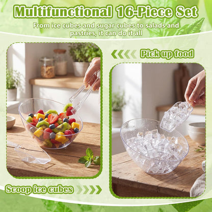16 Pcs Plastic Ice Tongs and Scoops Set for Ice Bucket 6'' 8.5'' Clear Mini Kitchen Serving Tongs and Scoops for Buffet Freezer Coffee Sugar Bar Supplies Party Wedding BBQ Restaurant