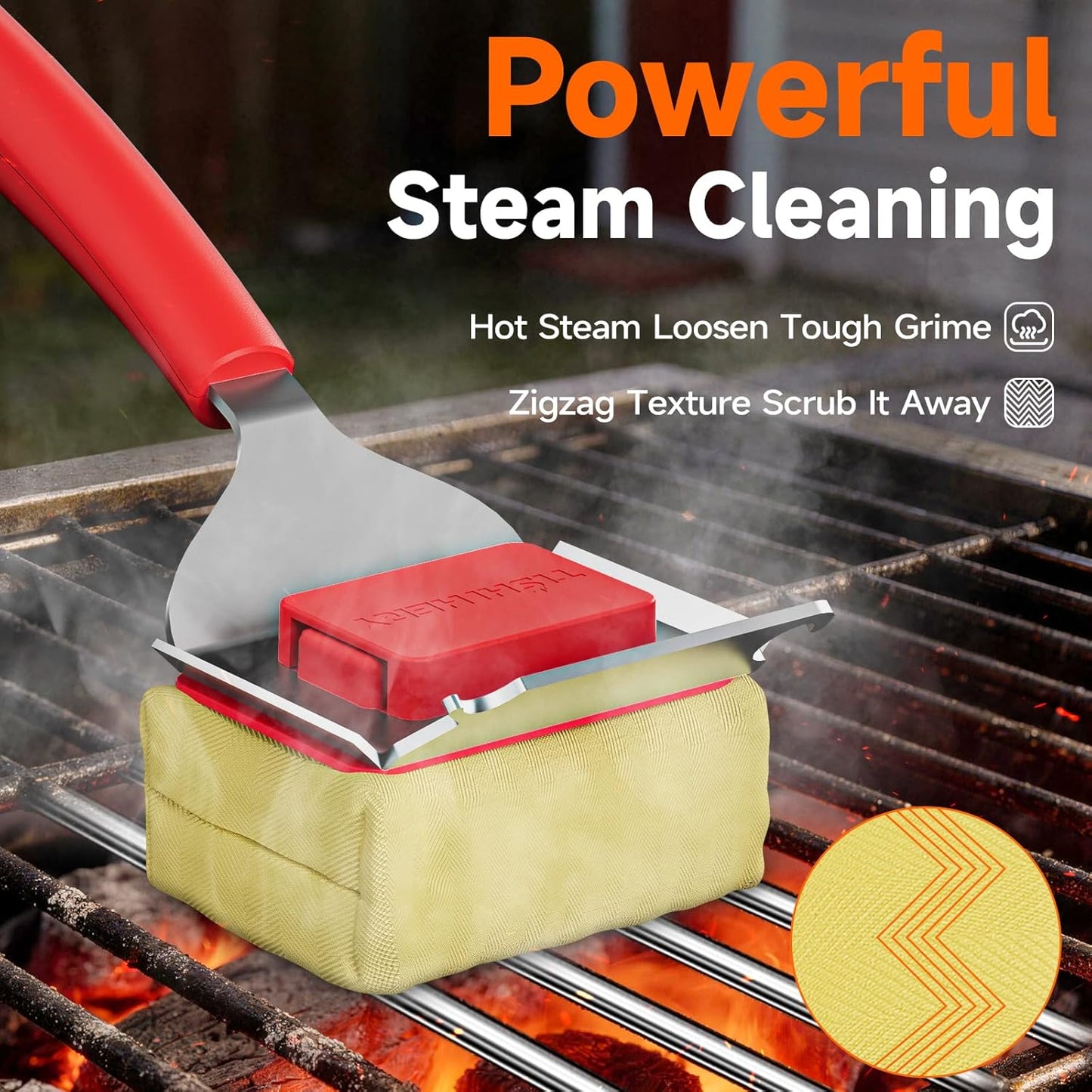 Bristle Free Grill Brush with Scraper for Outdoor Grill Cleaning, Safe Steam BBQ Grill Cleaner, Replaceable Head, Grilling Accessories for Cast Iron, Stainless Steel, Porcelain, Ceramic Grates - Black