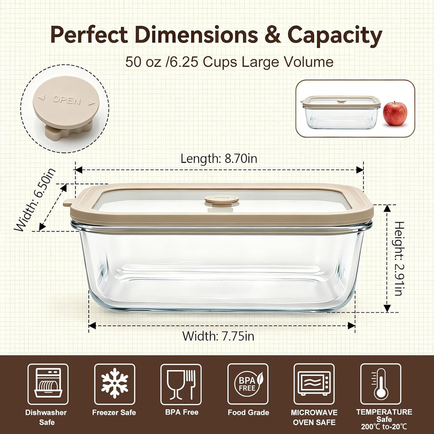 5 Pack 35 oz Glass Meal Prep Containers, Plastic-Free Glass Food Storage Containers with Lids, 4.4 Cups Airtight Glass Lunch Containers for Leftovers, Microwave, Oven, Freezer and Dishwasher