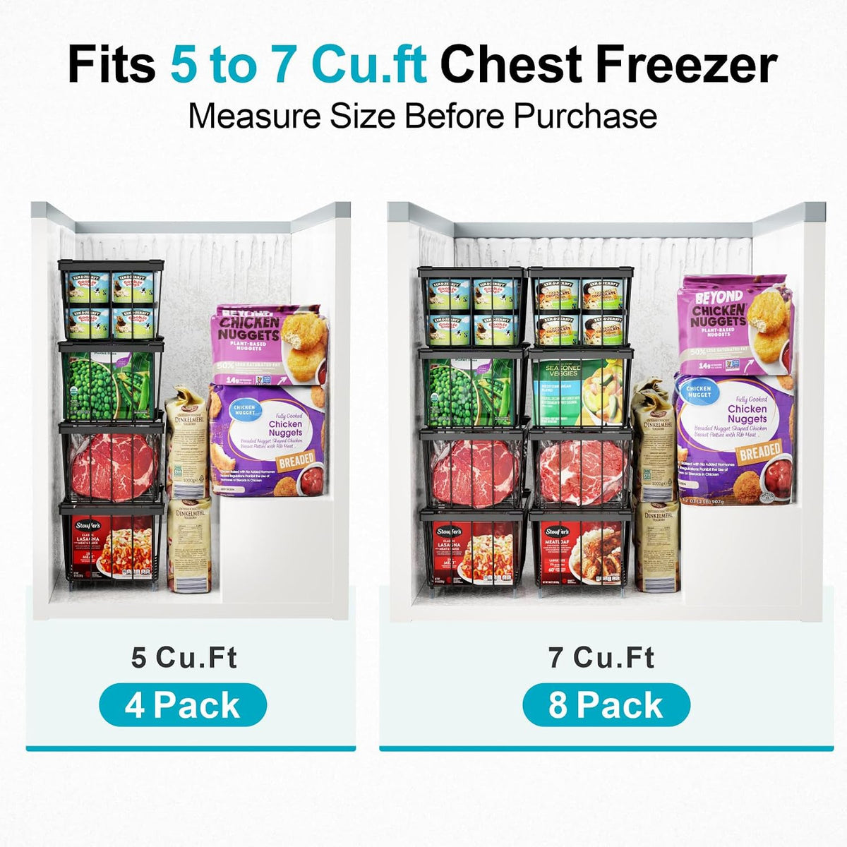 iSPECLE Deep Freezer Organizer Bins, 5 Pack Chest Freezer Baskets for 7 Cu.Ft, Stackable Wire Chest Freezer Organizer Bins for Small Food, Strong Metal with Handles for Meat and Veggies, Black