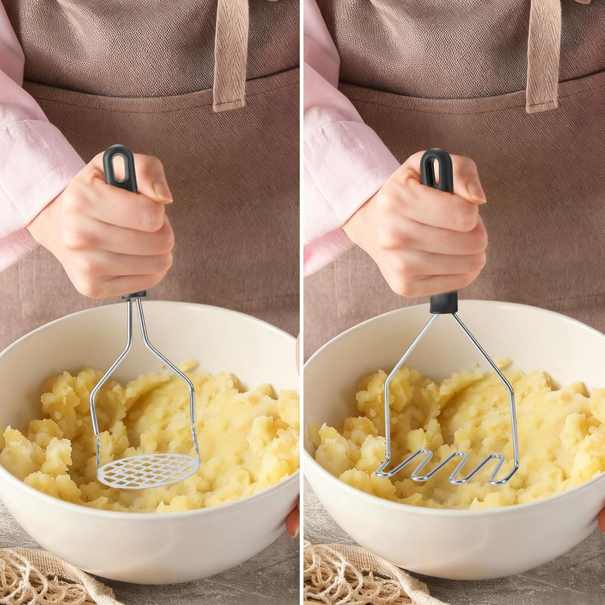3pcs Potato Masher Tool, Stainless Steel Wavy and Round Mashed Potato Smasher with Paring Knife Masher Kitchen Tool for Avocado Vegetables Meat Beans