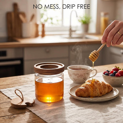 Honey Jar Pot Glass Holder Dispenser Set with Wooden Dipper Stick and Acacia Lid Cover - 14 Oz Honey Jar with Dipper and Lid - Modern Glass Honey Dispenser & Honey Drizzler for Home Kitchen Decor