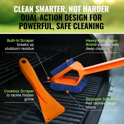 CitruSafe 3in1 Nylon Grill Brush with Cookbox Scraper - Made in USA - Non Metal, No Wire Bristles, Safe BBQ Brush for Outdoor Grills - Grilling Accessories & Tools to Clean Cool Grill Grates