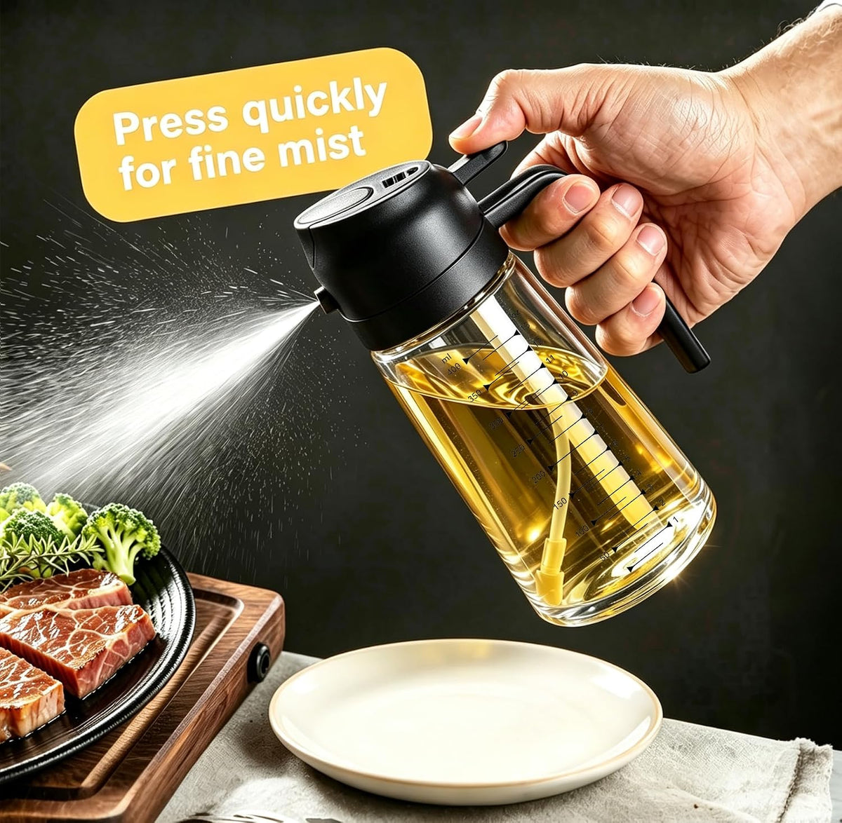 AT-VALY 2-in-1 Oil Sprayer for Cooking, 16oz Glass Oil Dispenser, Black