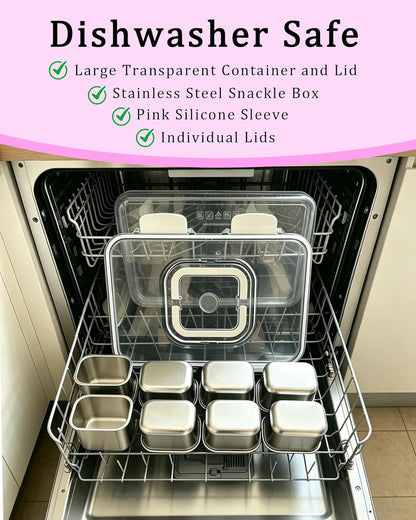 Snackle Box Container, Stainless Steel Divided Serving Tray with Lid and Handle, Large Snack Tray for Fruit Veggie Candy, 8-Compartment Snack Platter for Travel Party Beach Picnic