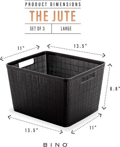 BINO Woven Plastic Basket | Large (Natural), 3-Pack | THE JUTE COLLECTION | Home Organization, Space-Saving Storage, Stylish Design | Plastic Storage Basket