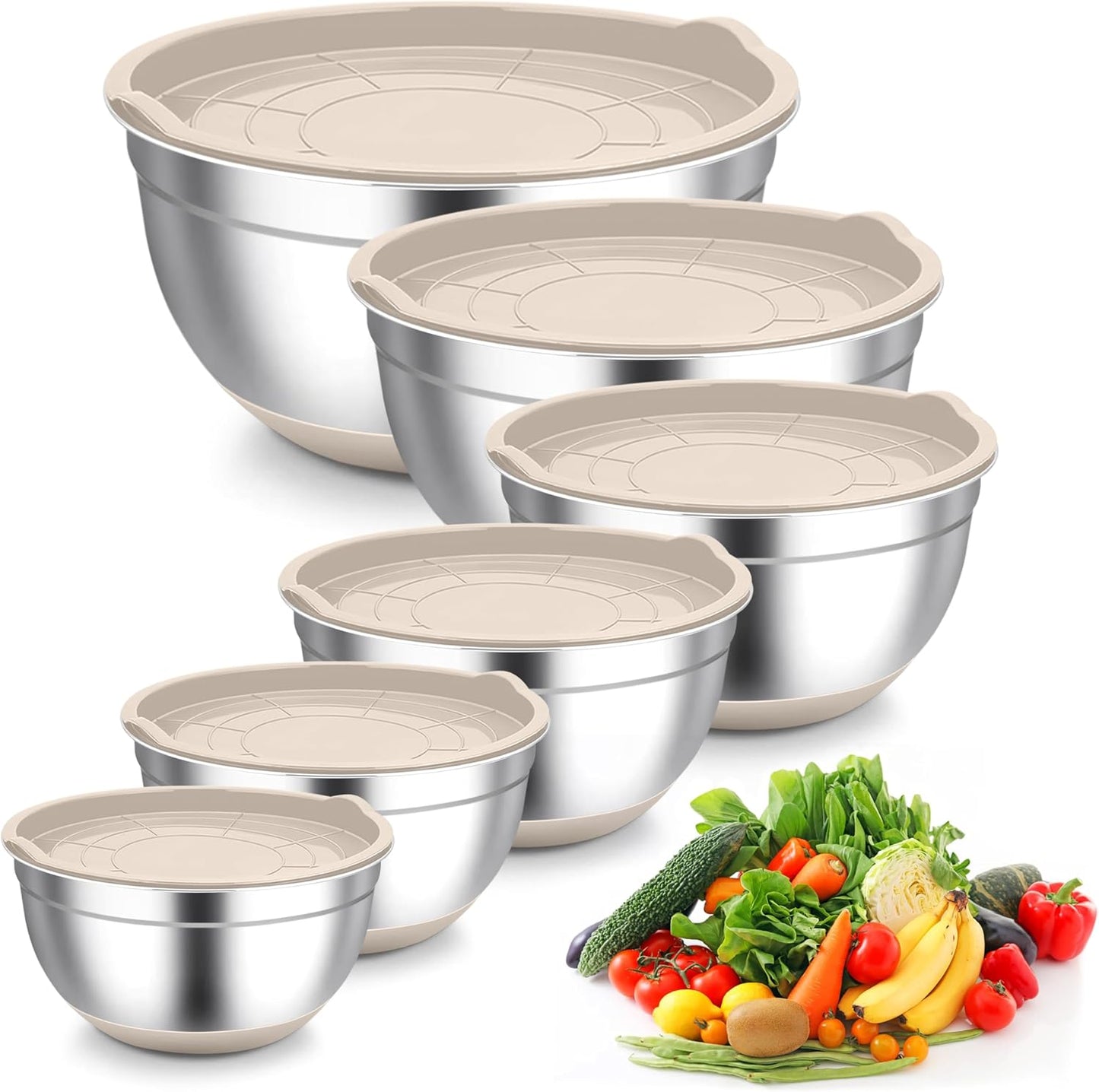 TeamFar Mixing Bowls, Stainless Steel Mixing Bowls with Lids, Nesting Salad Bowls with Air-tight Lids & Non-slip Bottom, Dishwasher Safe & Stackable, Set of 6-4.6/2.6/2 / 1.5/1 / 0.7 Qt