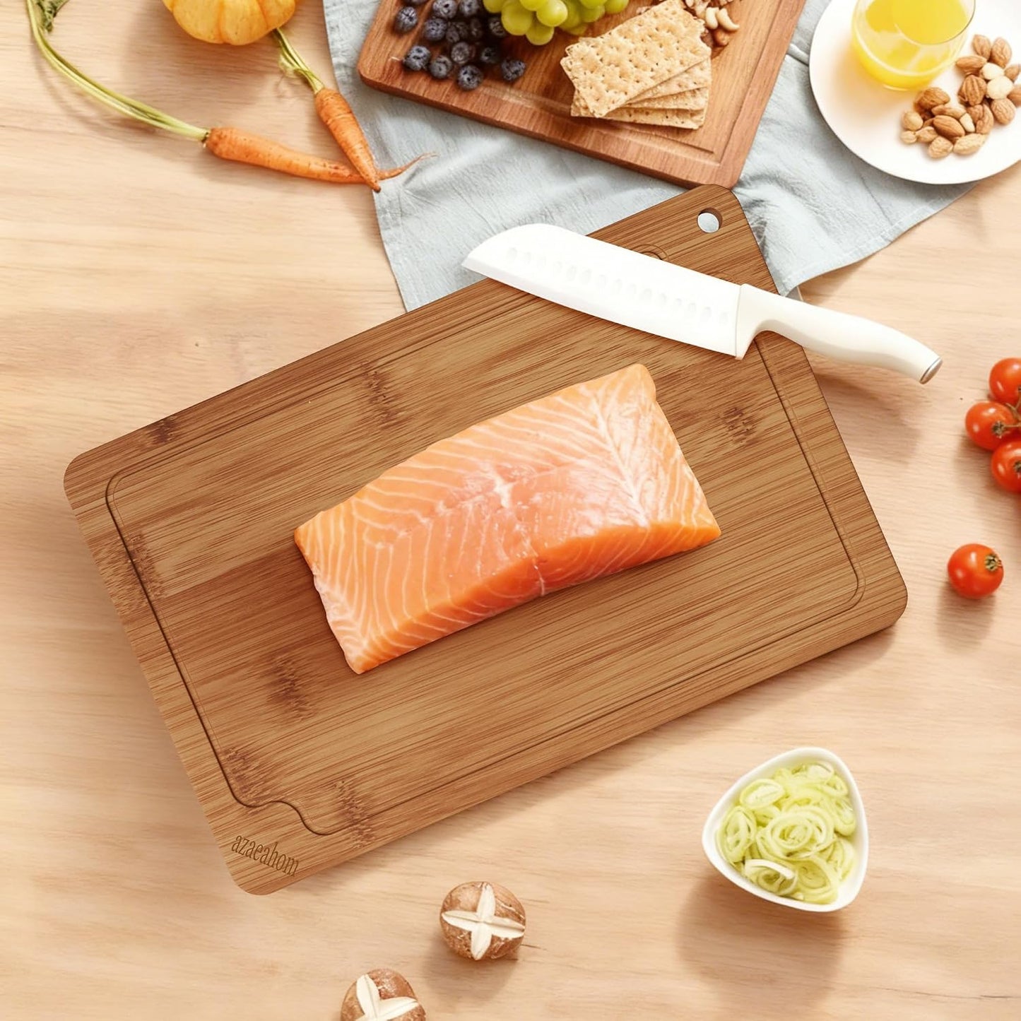 Bamboo Cutting Boards for Kitchen, Wood Cutting Board Set with Juice Grooves & Built-in Handles, Large Medium Small Chopping Board for Meat, Vegetables, Fruit