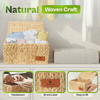Storage Baskets for Shelves Set of 3, Open-Top Wicker Storage Bins with Handles, Shelf Organizer Baskets for Pantry, Closet & Bathroom, Water Hyacinth Baskets with Tissue Box Cover
