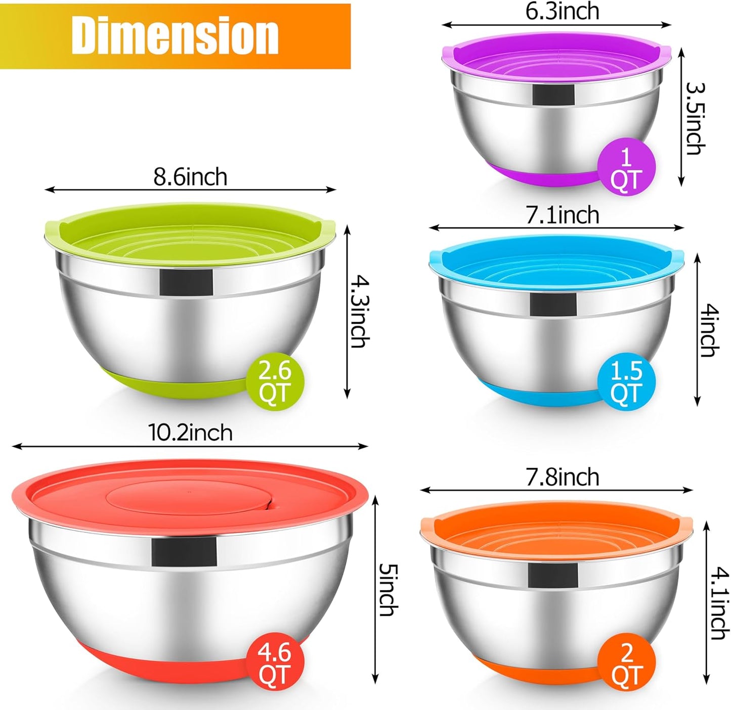 E-far Stainless Steel Mixing Bowls with Lids Set, 5-Piece Nesting Salad Bowls with 3 Grater Attachments and Non-Slip Bottoms, Size 4.6, 2.6, 2, 1.5, 1QT for Kitchen (Khaki)