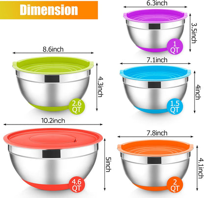 E-far Stainless Steel Mixing Bowls with Lids Set, 5-Piece Nesting Salad Bowls with 3 Grater Attachments and Non-Slip Bottoms, Size 4.6, 2.6, 2, 1.5, 1QT for Kitchen (Khaki)