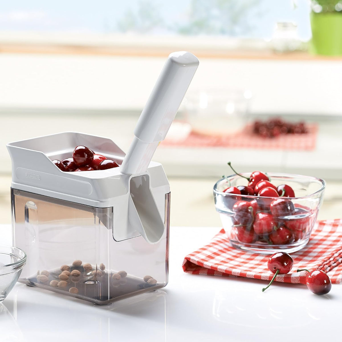 Leifheit Cherry Stoner Remover – Stainless Steel Plunger Pits 25 Lbs/Hour, Easy-Clean Container, Dishwasher Safe, Ideal for Pies, Canning, Snacking, German Design, Replacement Parts – White