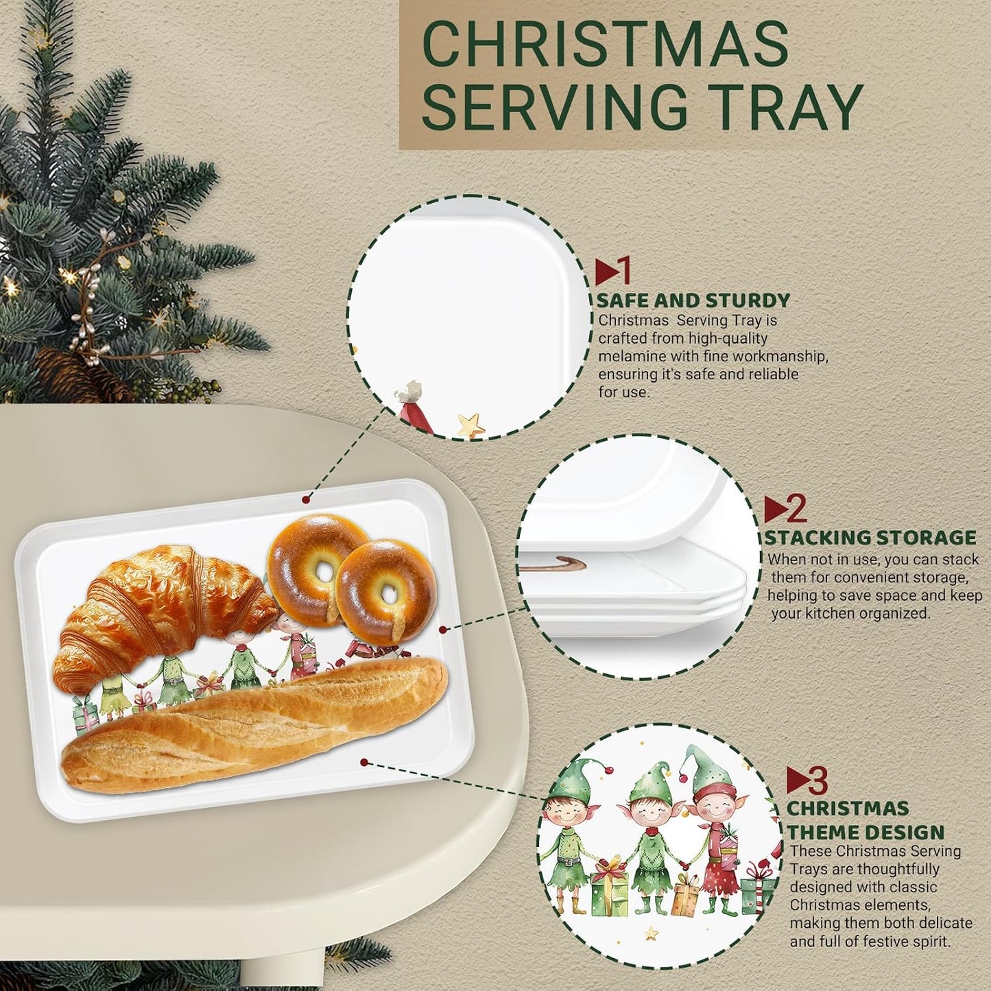 4-Piece 15 x 11 Inch Christmas Serving Tray Set, Reusable Melamine Platters with Cute Elf Cartoons, Holiday Party Trays for Snacks, Fruit, Desserts, and Candy, Rectangular Design