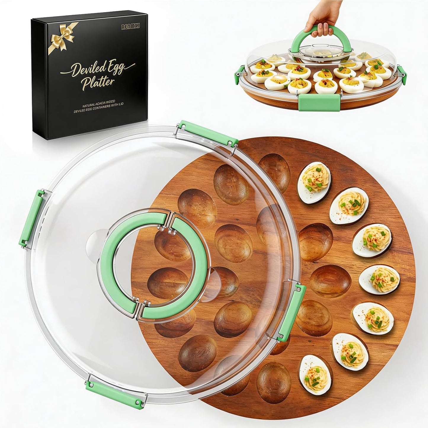 Renmxj Deviled Egg Containers with Lid (24 Eggs), 2026 Upgraded Acacia Wooden Deviled Egg Tray Platter for Party and Home Kitchen, The Lid is Dishwasher Safe (Black)