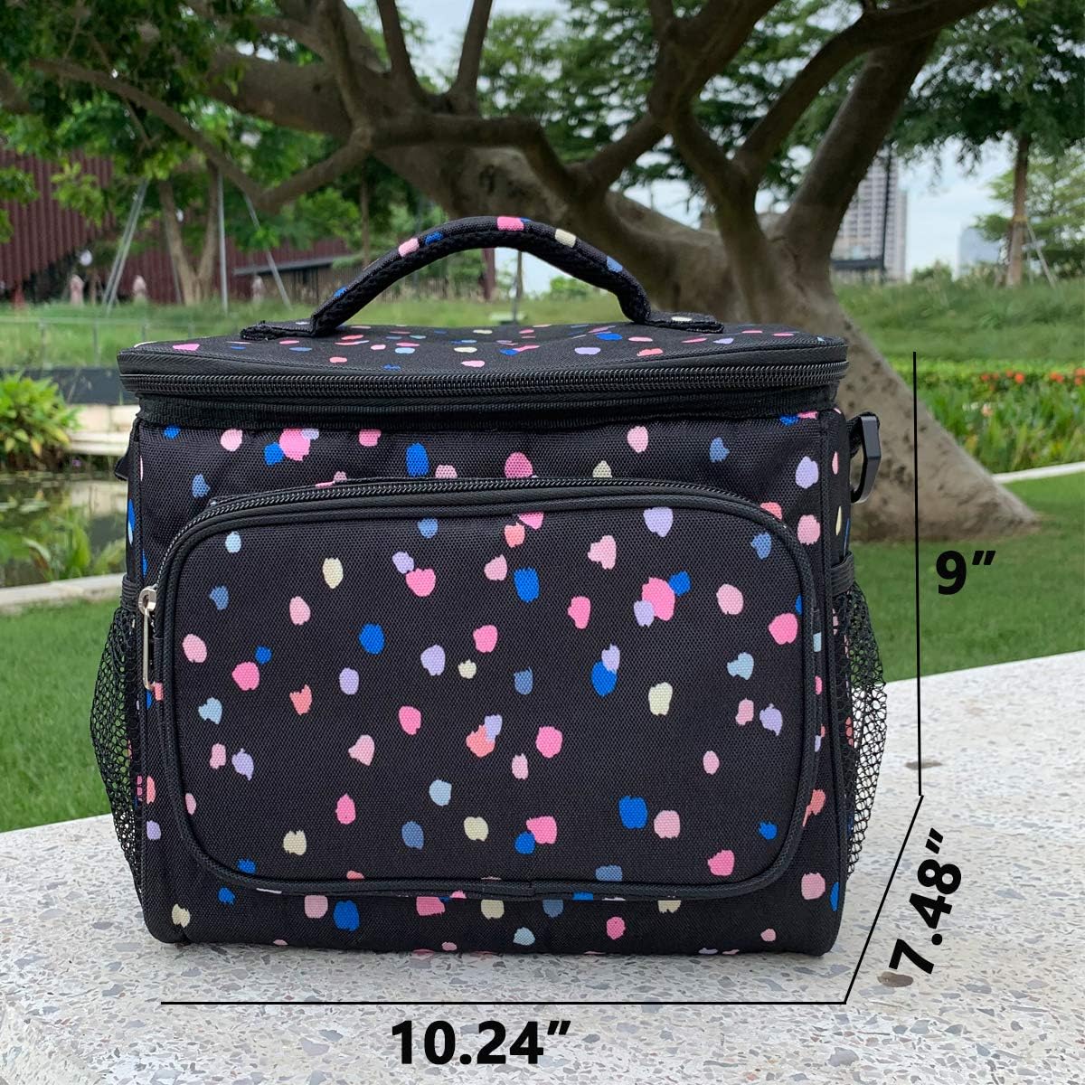 FlowFly Insulated Reusable Lunch Bag Adult Large Lunch Box for Women and Men with Adjustable Shoulder Strap,Front Zipper Pocket and Dual Large Mesh Side Pockets,Cherry - Colors A