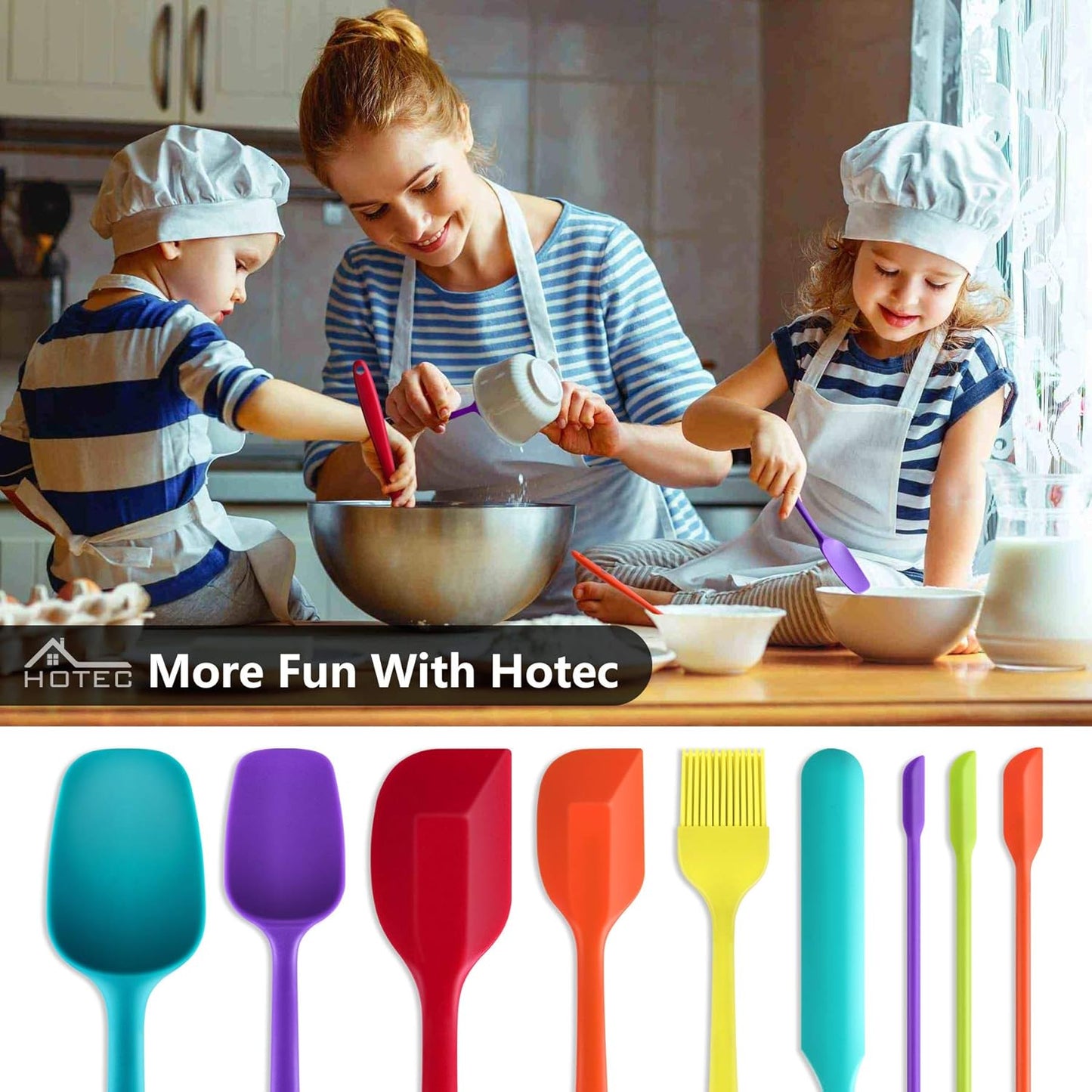 HOTEC Heat Resistant 600℉ Food Grade Silicone Rubber Spatula Set for Baking, Cooking, and Mixing Non Stick Dishwasher Safe BPA-Free Multicolor Set of 5
