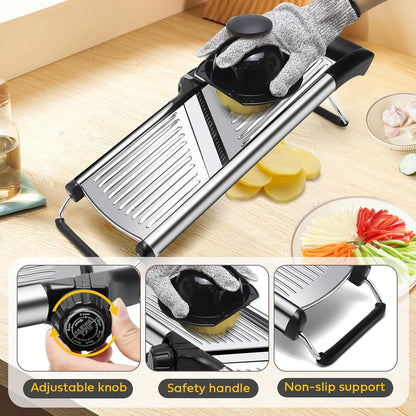 Mandoline Slicer for Kitchen, Stainless Steel adjustable Mandoline slicer, Non-Slip Mandolin with 4 Blades,Vegetable & Fruit Slicer for Potato,Tomato,onion,cucumber,with Cut-Resistant Gloves,Brush