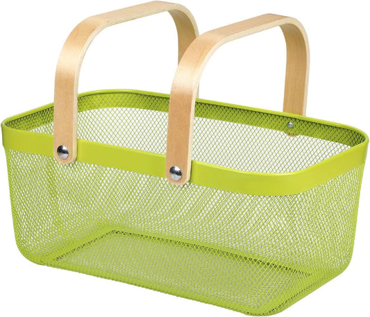Coloful Metal Mesh Wire Basket with Foldable Wooden Handle,Bin Garden Fruit Vegetable Storage Hanging Harvest Holder for Kitchen Bathroom Picnic (Yellowish Green, Cuboid-15.7 x 9.5 x 7.2“)