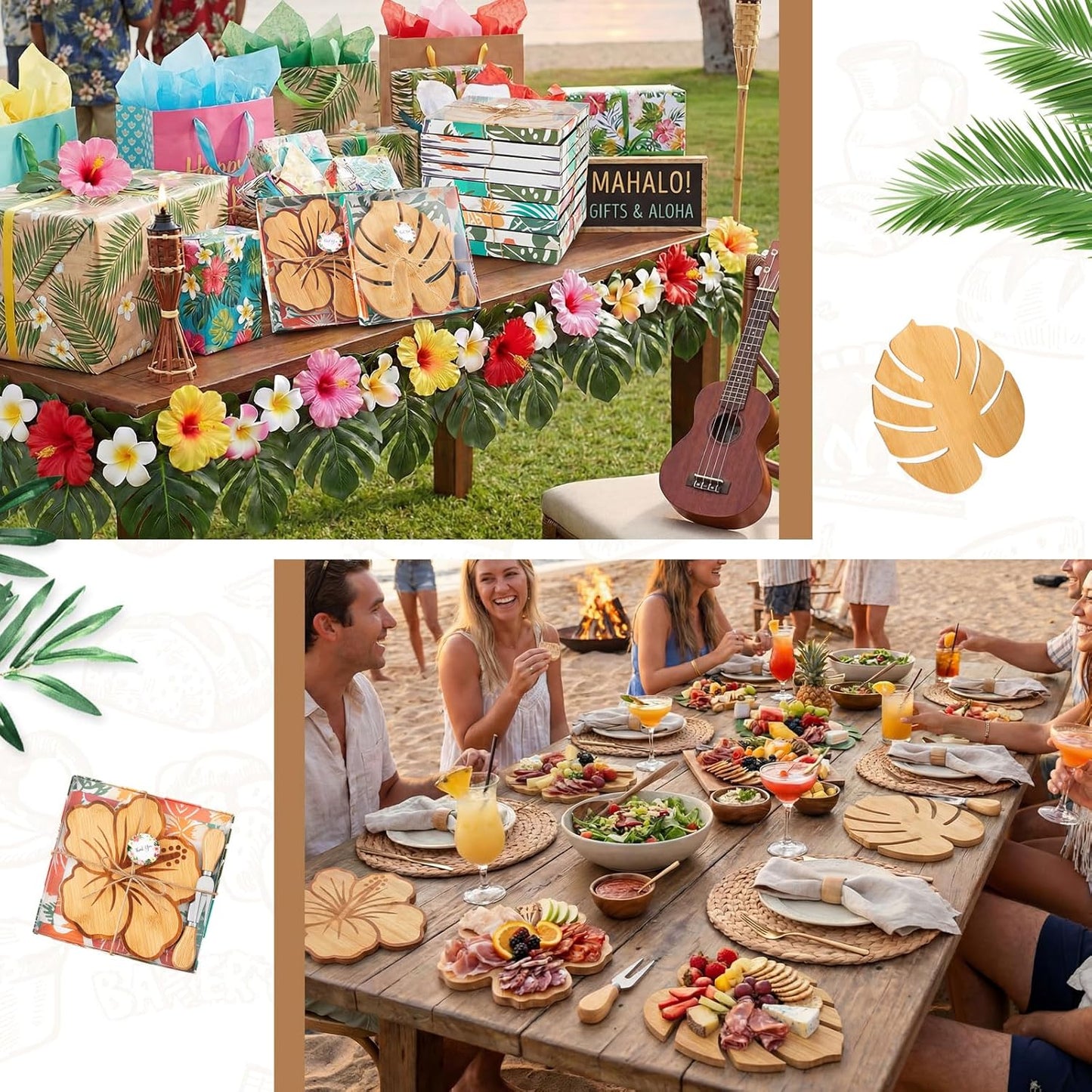 Ziliny 6 Sets Palm Leaf Hawaiian Mini Charcuterie Boards with Knives Forks and Gift Boxes, Bamboo Cheese Board Set, Luau Tropical Party Favors for Summer Beach Birthday Bridal Baby Shower
