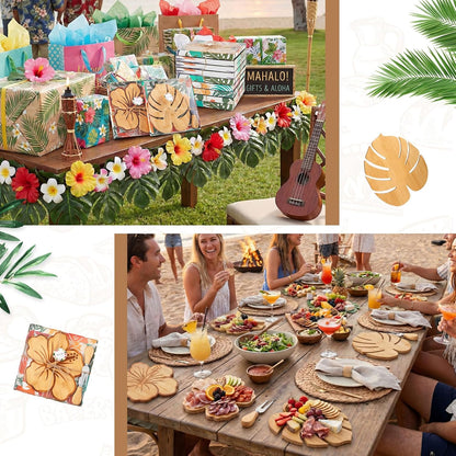 Ziliny 6 Sets Palm Leaf Hawaiian Mini Charcuterie Boards with Knives Forks and Gift Boxes, Bamboo Cheese Board Set, Luau Tropical Party Favors for Summer Beach Birthday Bridal Baby Shower