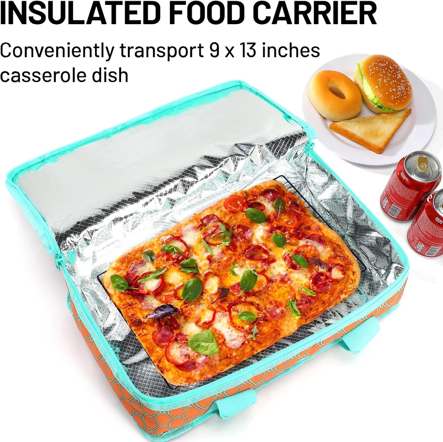 MIER Insulated Casserole Carrier for Hot or Cold Food Thermal Food Carrier Bag for Lasagna Potluck Parties Picnic Cookouts, Fits 9"x13" Baking Dish/Foil Pan, Red