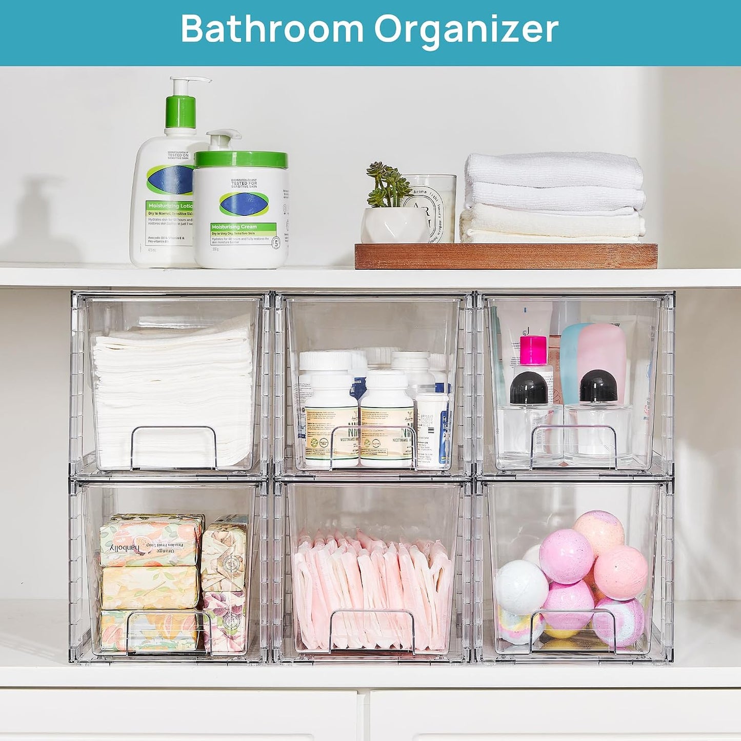 Vtopmart 8 Pack Large Stackable Storage Drawers,Clear Acrylic Drawer Organizers with Handles, Easily Assemble for Fridge, Bathroom,Kitchen Undersink,Cabinet,Pantry Organization and Storage
