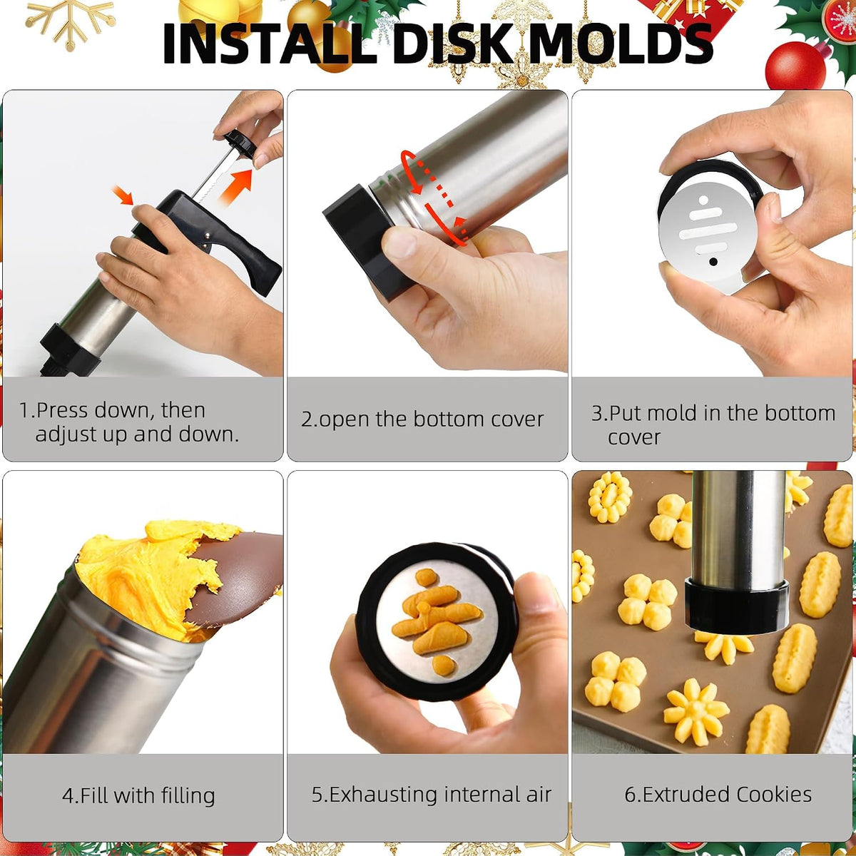 Cookie Press Gun Kit with 13 Design Discs and 8 Icing Nozzles, Black