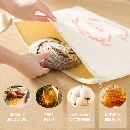 Wide Zipper Access Cotton &Beeswax Bags for Homemade Bread 2 Pack XL Reusable Beeswax Bread Bags for Homemade Bread Freezer Organic Cotton Food Storage Bags to Keep Fresh