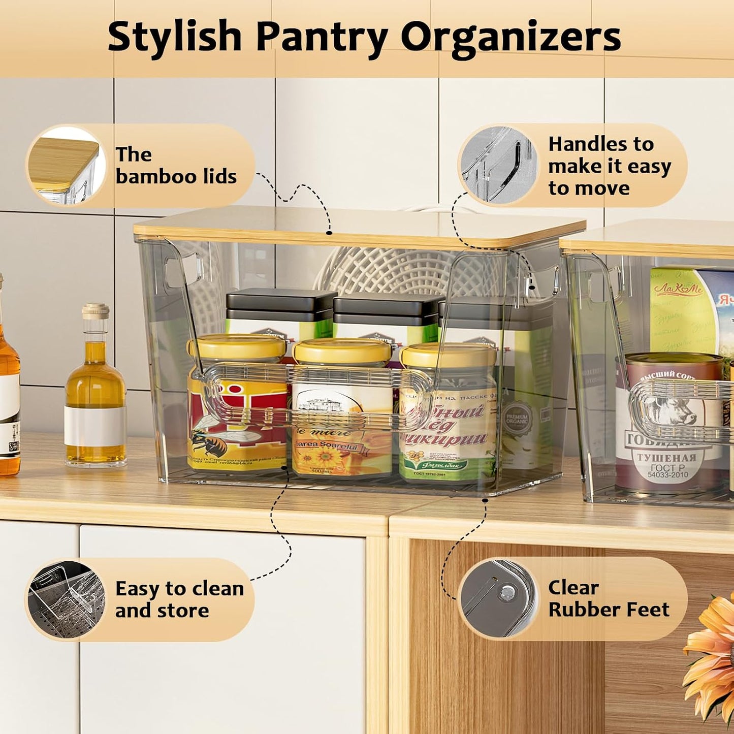 Delamu 2 Set Pantry Organizers and Storage, Trash Bag Holder Under Sink Organizer for 4-13 Gal Bags, Trash Bag Dispenser with Bamboo Top for Onion, Potato, Garlic, Clear (11-7/32"L*7" W*7-1/8"H)