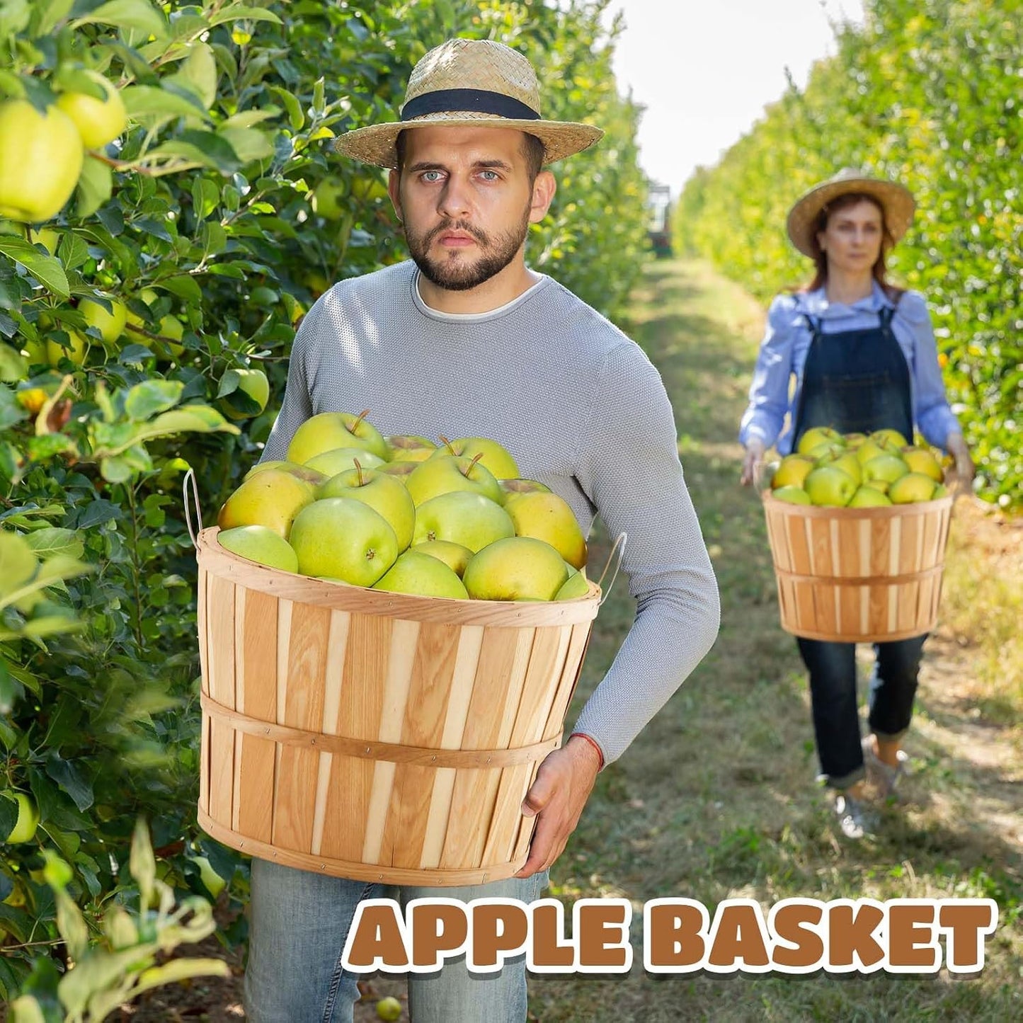 Marsui 6 Pcs Jumbo Half Bushel Baskets, 14 x 9.5 Inch Large Round Wooden Apple Basket with Handles Handcrafted Produce for Farmers Market Harvest Fruit Plants or Commercial Use