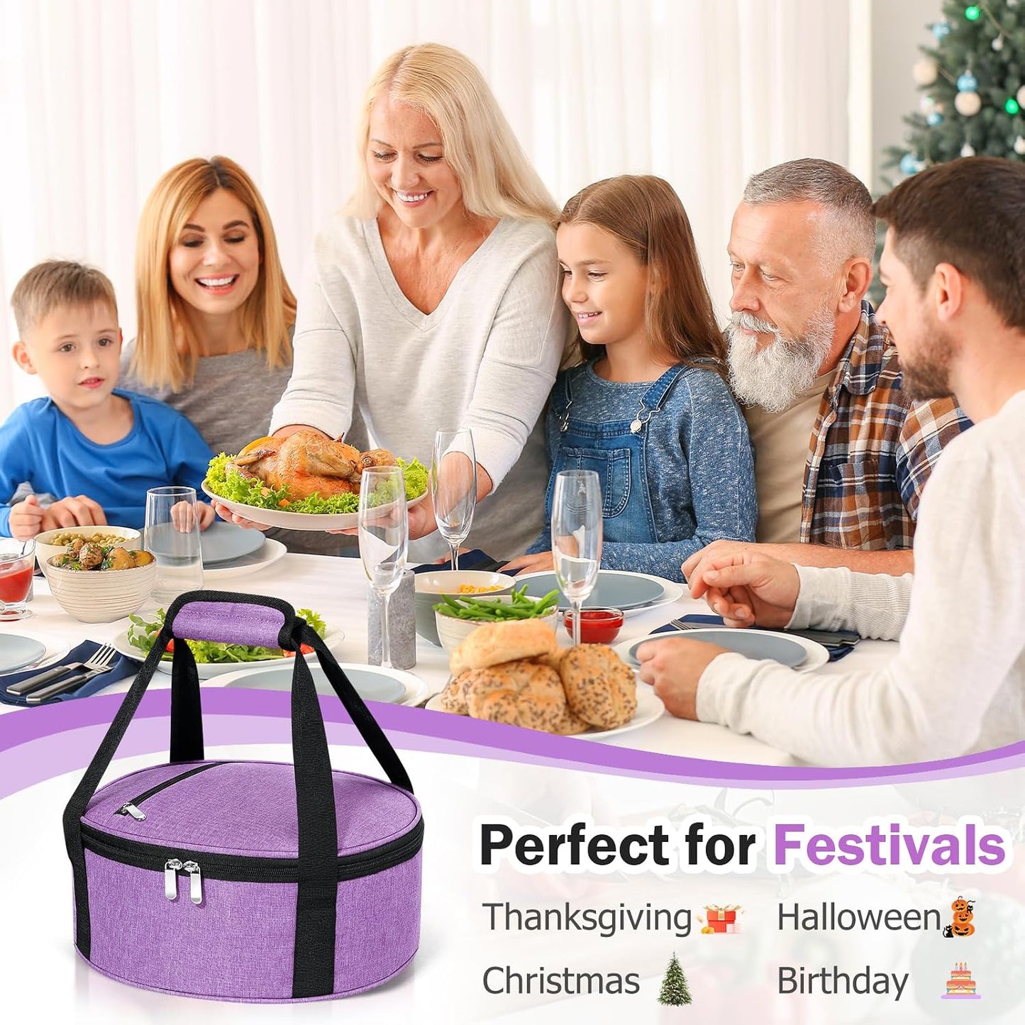 Round Insulated Casserole Carrier – 12" Portable Pie Carrier Bag for Hot or Cold Food, Leakproof Thermal Lunch Tote with Handle for Parties Picnic & Travel - Grey