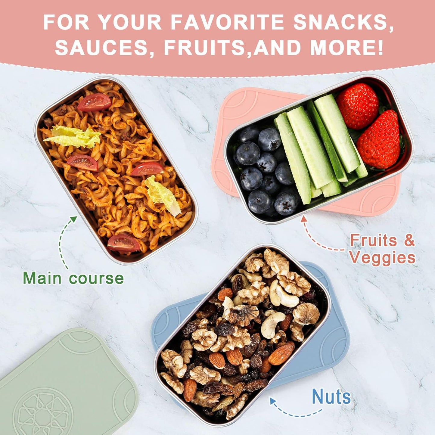 Caperci 25oz Stainless Steel Food Containers, 3-Pack Bento Lunch Box with Silicone Lids, Leak-Proof Reusable Meal Prep Container for Sandwiches & Snacks, BPA-Free (720ML)