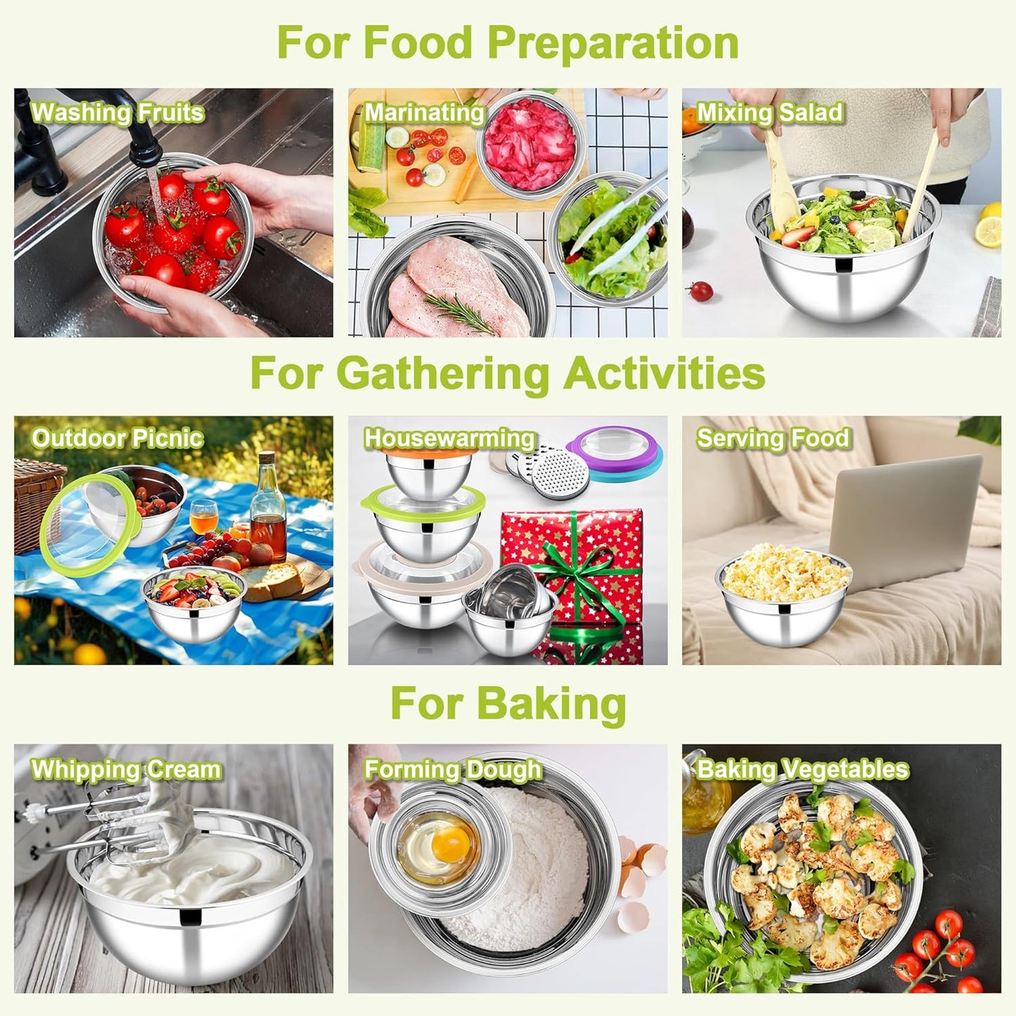 E-far Mixing Bowls Set of 5, Stainless Steel Salad Mixing Bowl with Transparent Lid, Metal Nesting Bowl Attach with 3 Graters for Kitchen Prepping/Serving/Baking/Storage, 4.6/2.6/1.5/1/0.7 QT - Black
