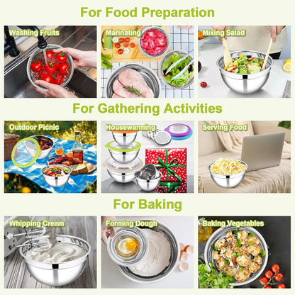E-far Mixing Bowls Set of 5, Stainless Steel Salad Mixing Bowl with Transparent Lid, Metal Nesting Bowl Attach with 3 Graters for Kitchen Prepping/Serving/Baking/Storage, 4.6/2.6/1.5/1/0.7 QT - Black