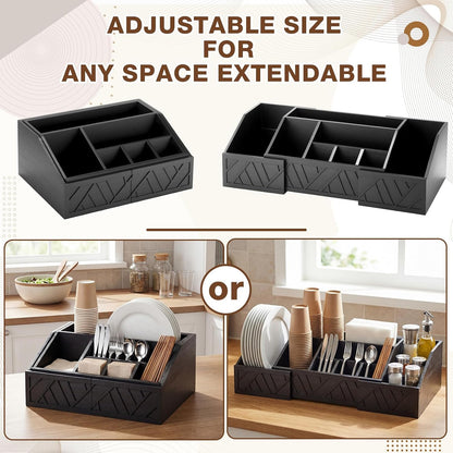 Paper Plate Dispenser Extendable, Paper Plate Holder for Kitchen Counter Wood Silverware Utensil Caddy Cutlery Flatware Organizer Box for Cups Spoons Forks Kitchen Accessories(Black)