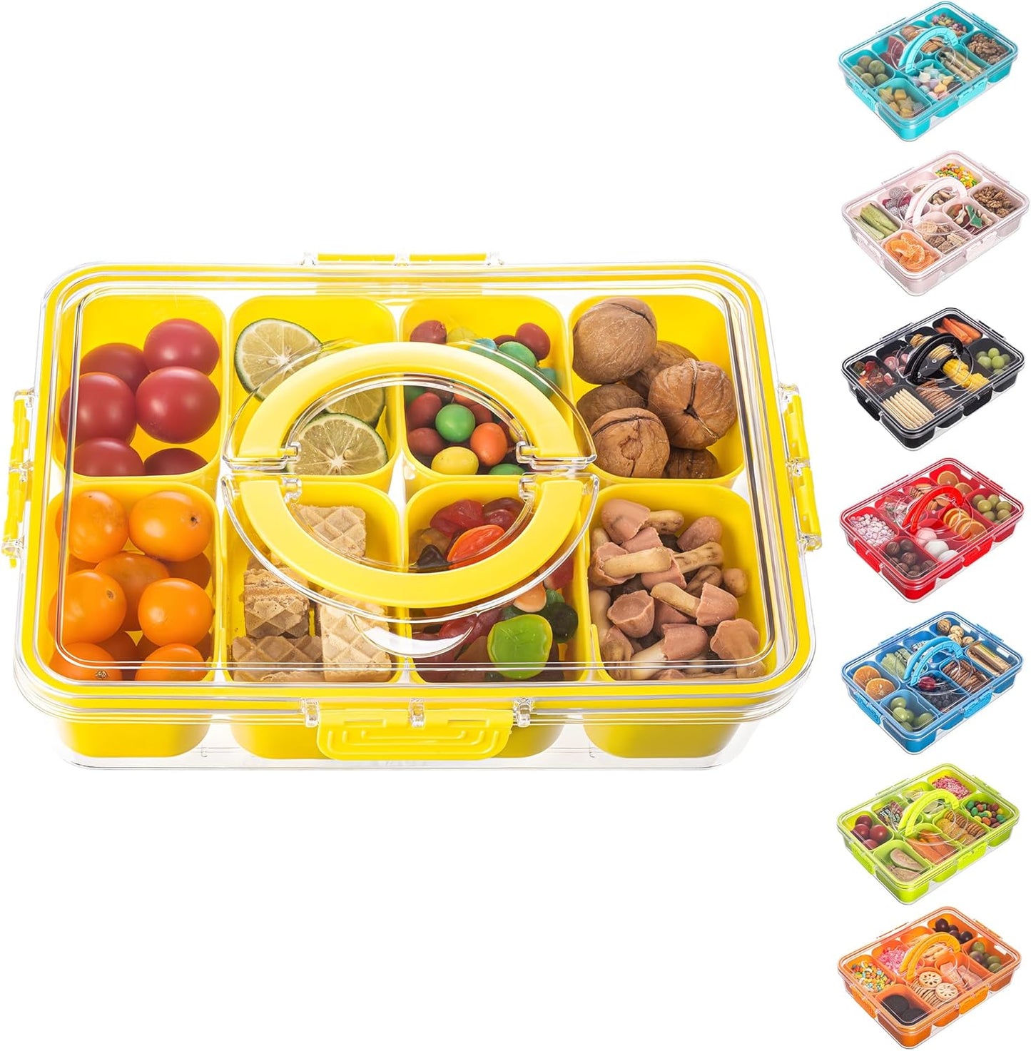 Dingerjar Divided Serving Tray with Lid and Handle - Snackle Box Charcuterie Container for Portable Snack Platters - Clear Organizer for Candy, Fruits, Nuts, Snacks - Perfect for Party, Entertaining