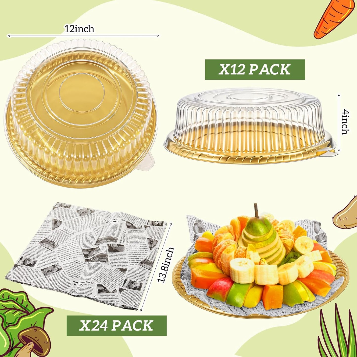 Tessco for you 12 Pack Heavy Duty Repeatedly Plastic Serving Tray with Lid and 24 Pcs Deli Wax Paper Sheets Sets Large Party Platters with Clear Lids Stackable Round Food Serving Trays (Black,16inch)