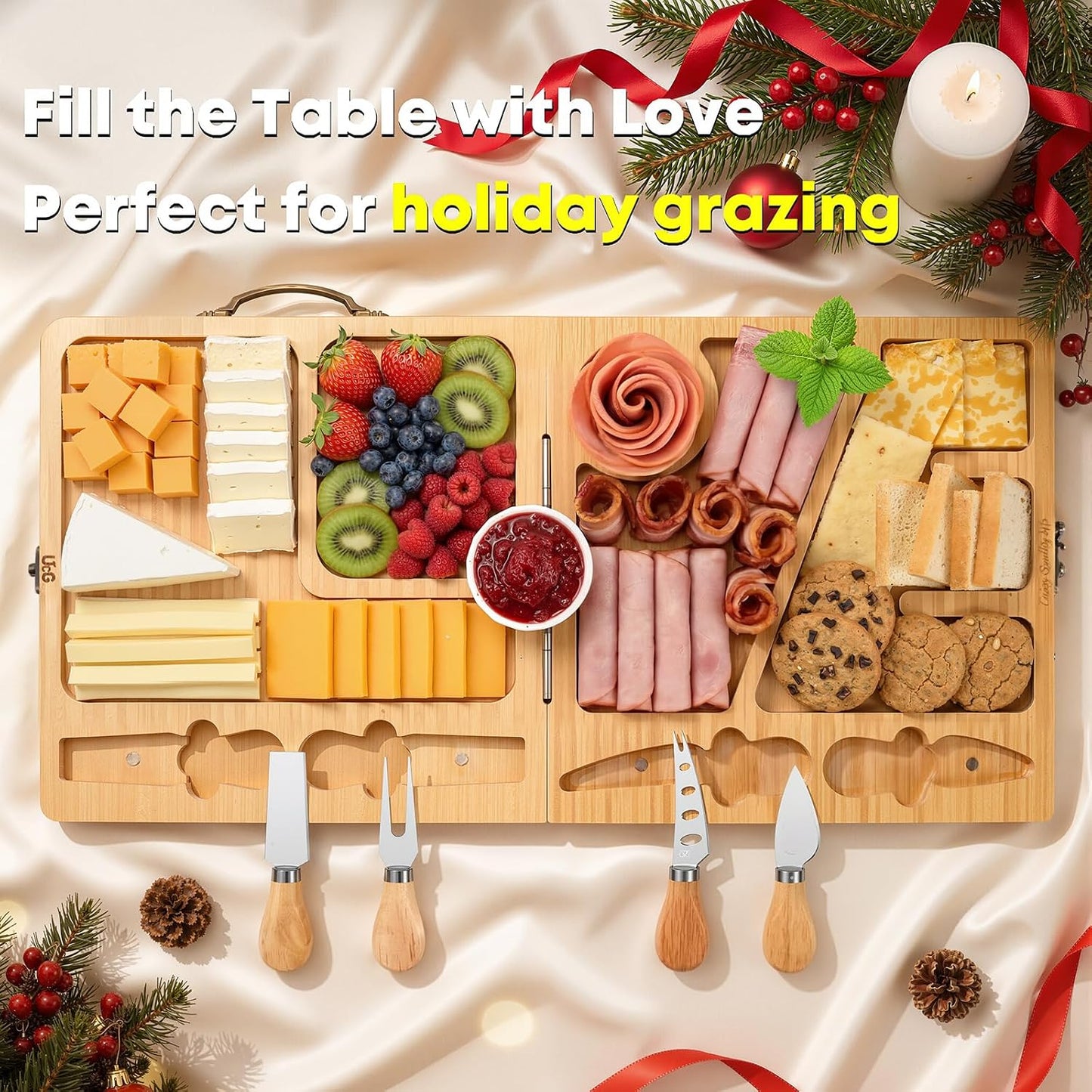UTCG Charcuterie Board Gifts for Women: Bamboo Folding Cheese Board with Knife Set - Unique White Elephant Gift Wedding Housewarming Mothers Day Birthday Party Bridal Shower Gift