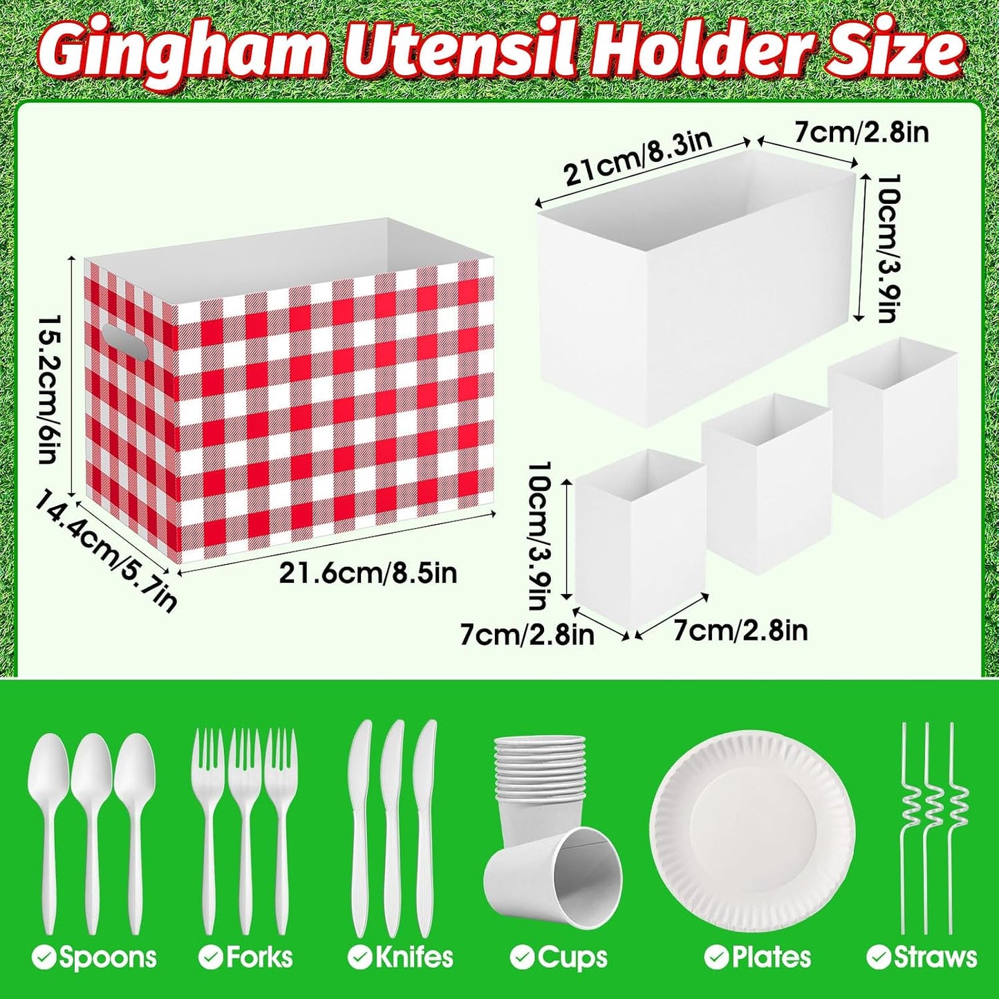 2PCS Red Gingham Utensil Holder Paper Utensil Caddy for Gingham Party Supplies Disposable Cutlery Holder with Handles Party Favors Cutlery Caddy for Red and White Checkered Birthday Decorations