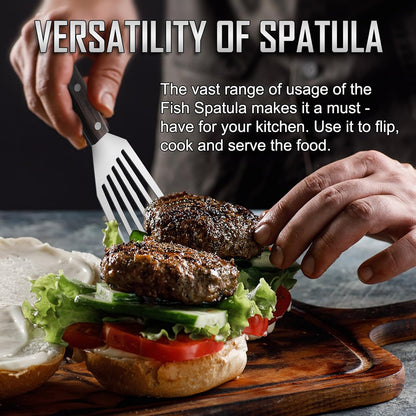 2 Pack Fish Spatula Stainless Steel - Metal Spatula Set, Wooden Handle | Kitchen Slotted Fish Turner/Spatula Set [ Large+Medium ] for Cooking & BBQ, Flipping Eggs, Burgers and Baking, Perfect Gifts