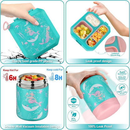 wiwens Bento Lunch Box for Kids with 12oz Soup Thermo Leak-Proof Lunch Food Container with 5 Compartment Thermo Hot Food Jar and Insulated Lunch Bag for Kid Toddler Girls Boys to School