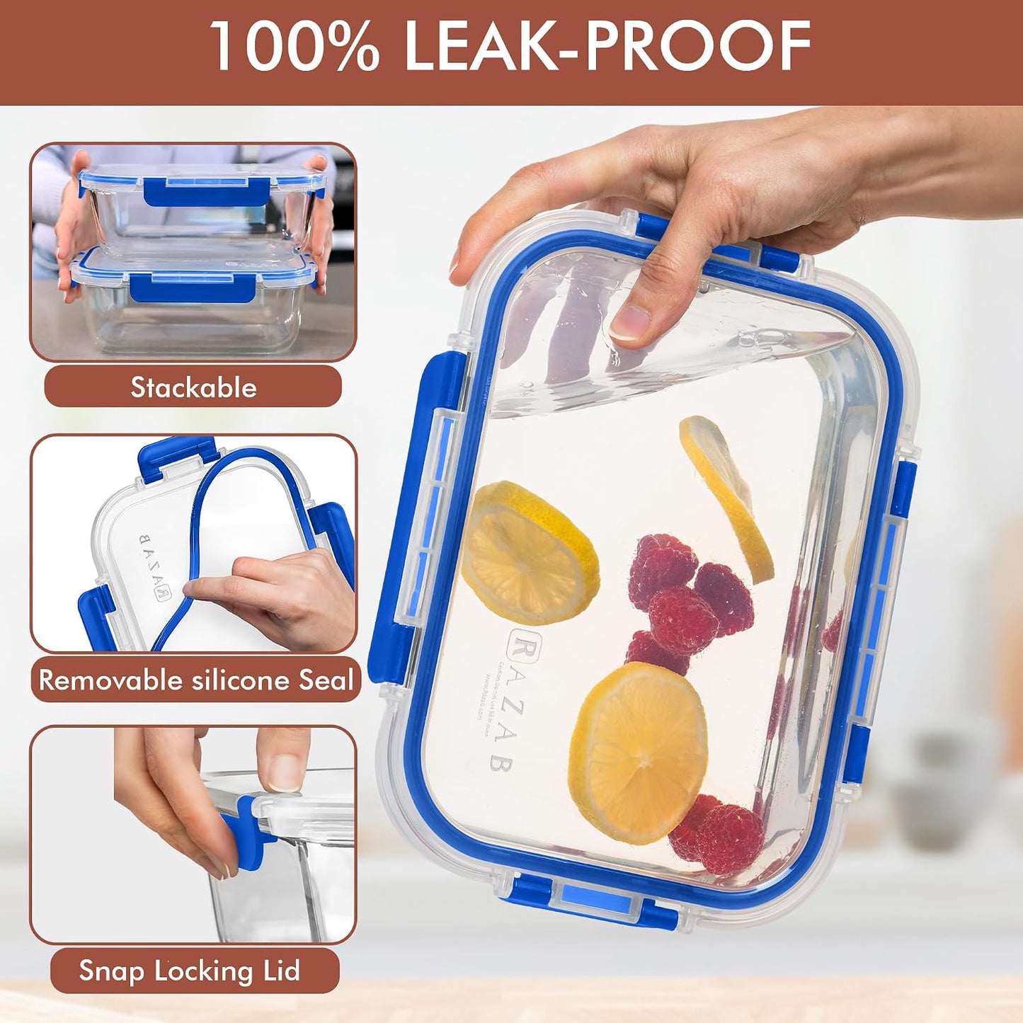 Razab 4 Pcs 1860ml / 63 Oz Large Glass Food Storage Containers with Lids - Glass Meal Prep Containers with Locking Lids for Roasting, Storing Leftover, Lunch Container, BPA Free, Microwave & Oven Safe