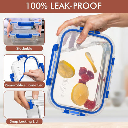 Razab 4 Pcs 1860ml / 63 Oz Large Glass Food Storage Containers with Lids - Glass Meal Prep Containers with Locking Lids for Roasting, Storing Leftover, Lunch Container, BPA Free, Microwave & Oven Safe