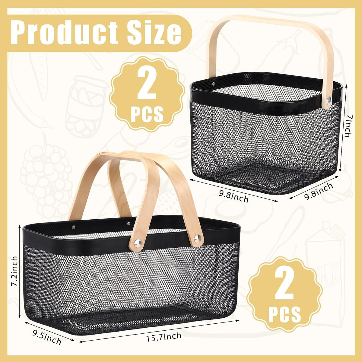Zonon 4 Pack Harvest Garden Baskets, 2 Size Metal Mesh Harvest Storage Basket with Foldable Wooden Handle, Rectangle Durable Vegetables Fruit Basket for Garden Bathroom Kitchen Organizing, Black
