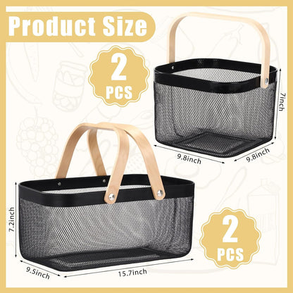 Zonon 4 Pack Harvest Garden Baskets, 2 Size Metal Mesh Harvest Storage Basket with Foldable Wooden Handle, Rectangle Durable Vegetables Fruit Basket for Garden Bathroom Kitchen Organizing, Black