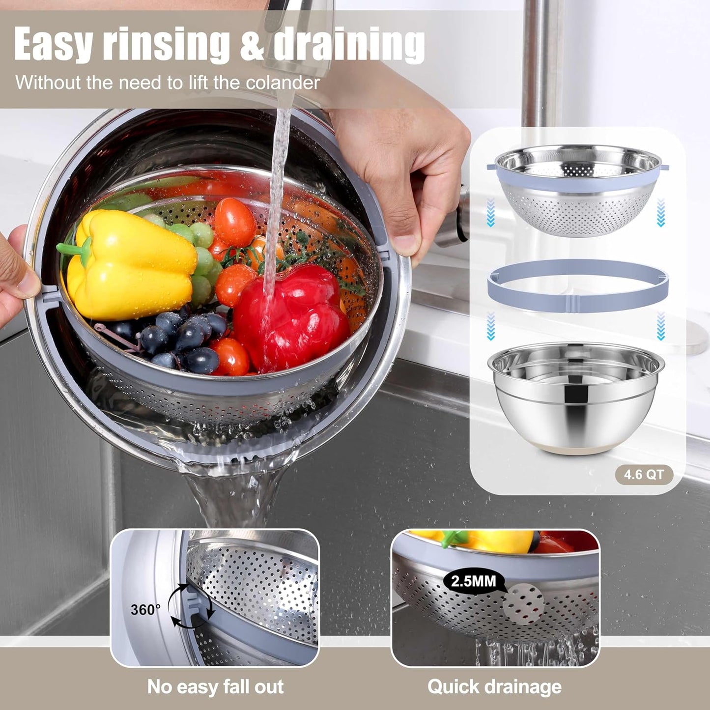 E-far Mixing Bowls with Lids Set, 15PCS Stainless Steel Mixing Nesting Bowl with Colander & 3 Metal Grater for Kitchen Prep/Baking/Storage, Non-Slip Bottom & Airtight Lid, 4.6, 3, 1.5, 1, 0.7QT, Black