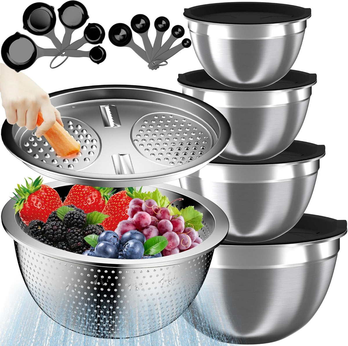 Mixing Bowls with Lids Set, 16PCS Stainless Steel Mixing Bowls,Nesting Storage Bowls for Kitchen with Mixing Bowls Set, Colander, Strainer & Grater , Metal Salad Bowl for Kitchen Gadgets , Cream