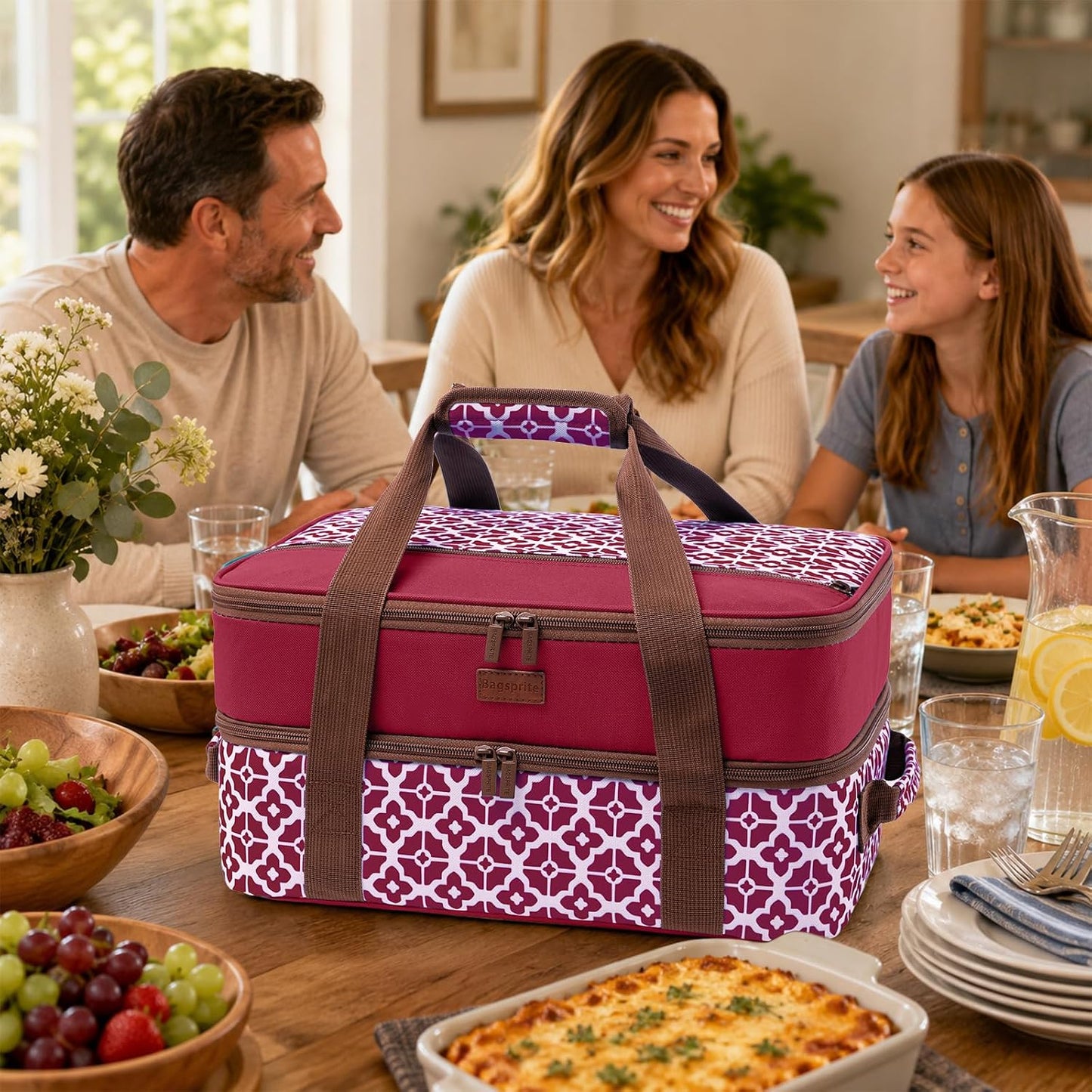 Double Layer Insulated Casserole Carrier, Fits 9" x 13" Baking Dish, Food Transport Carrier with Utensil Pocket for Hot & Cold Dishes, Reusable Potluck Tote for Thanksgiving, Parties&Family Gatherings